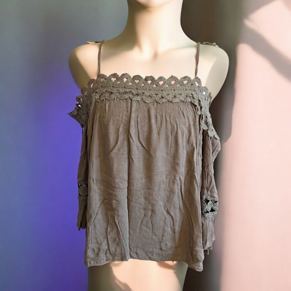 Krazy Kat Olive Green Off the Shoulder Embroidered Top - L